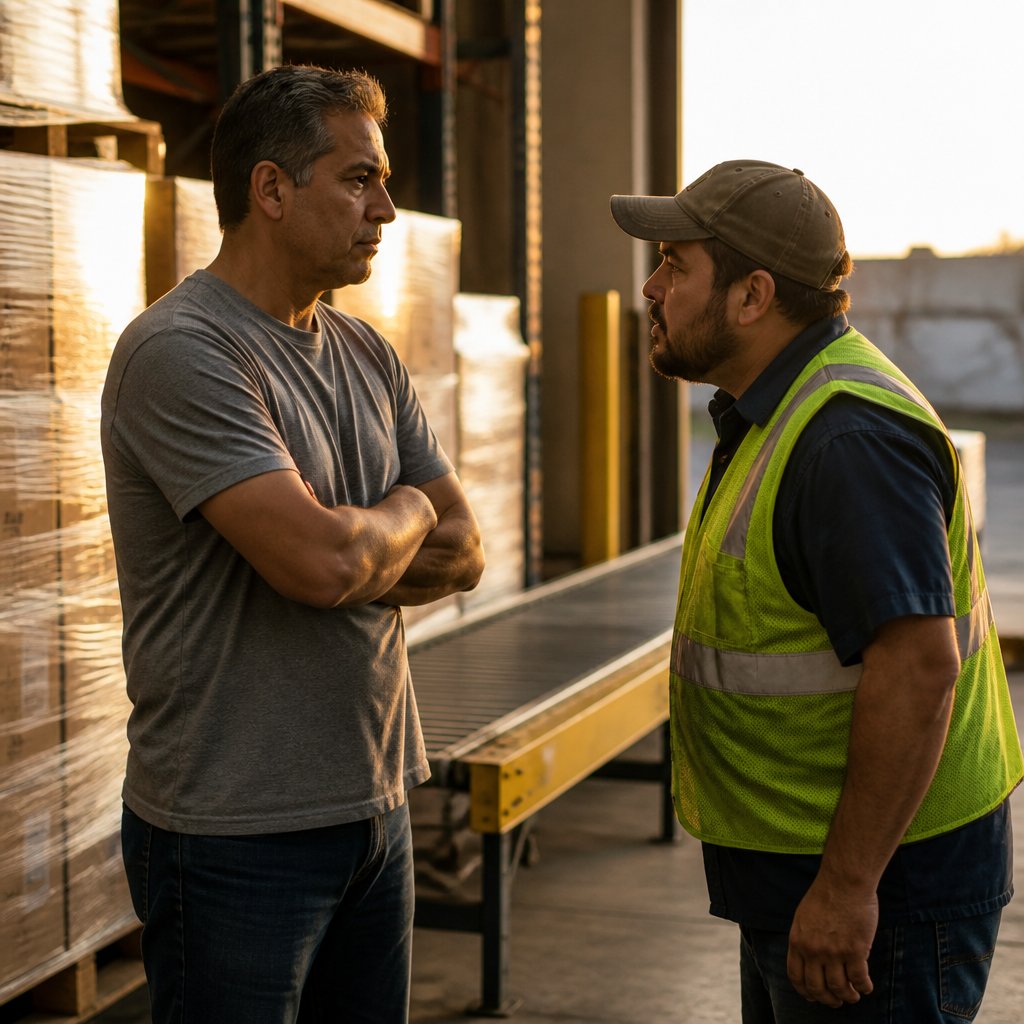 Man in gray T-shirt confronted by supervisor near pallets