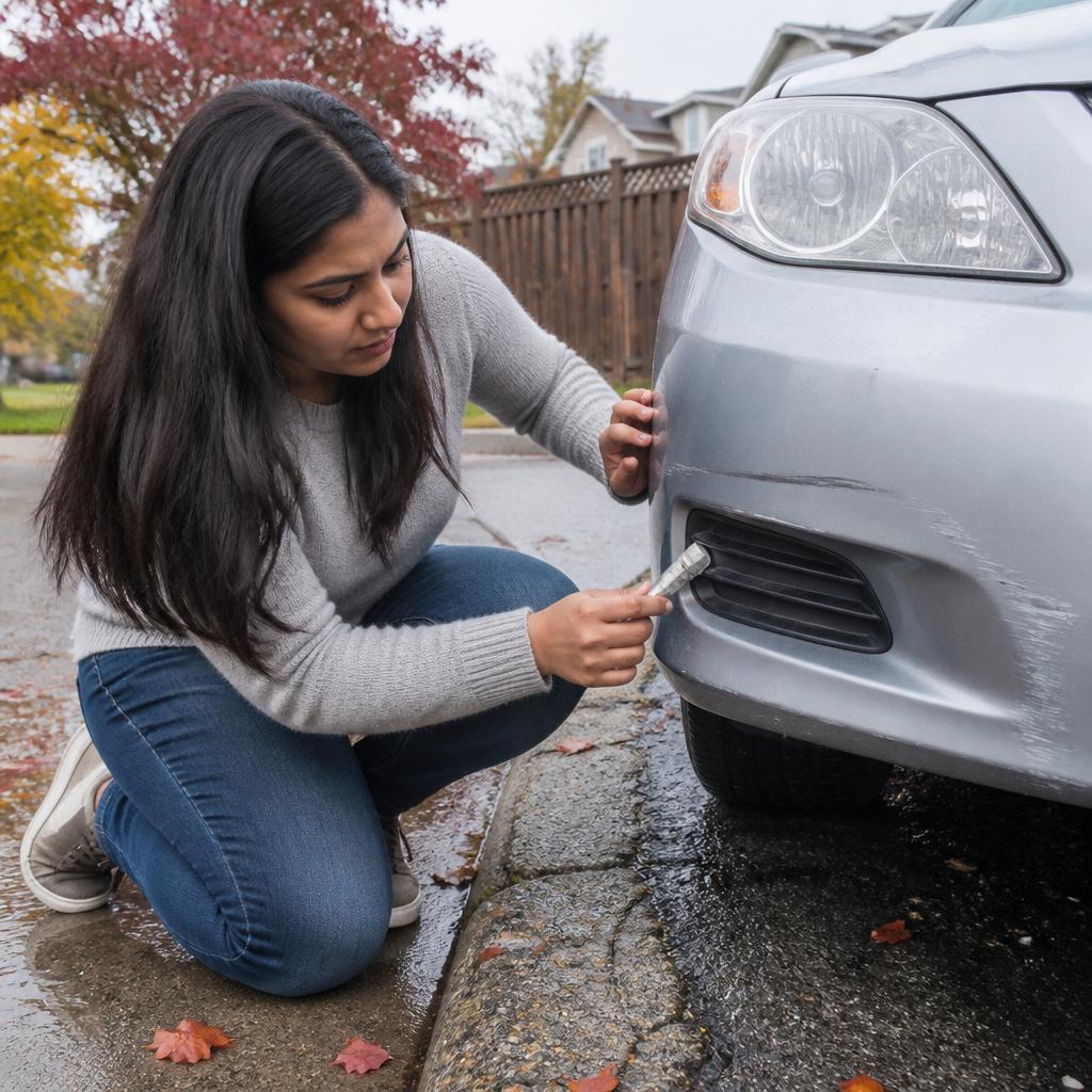 Woman kneeling by driveway edge where raised concrete scrapes car bumper after rain.