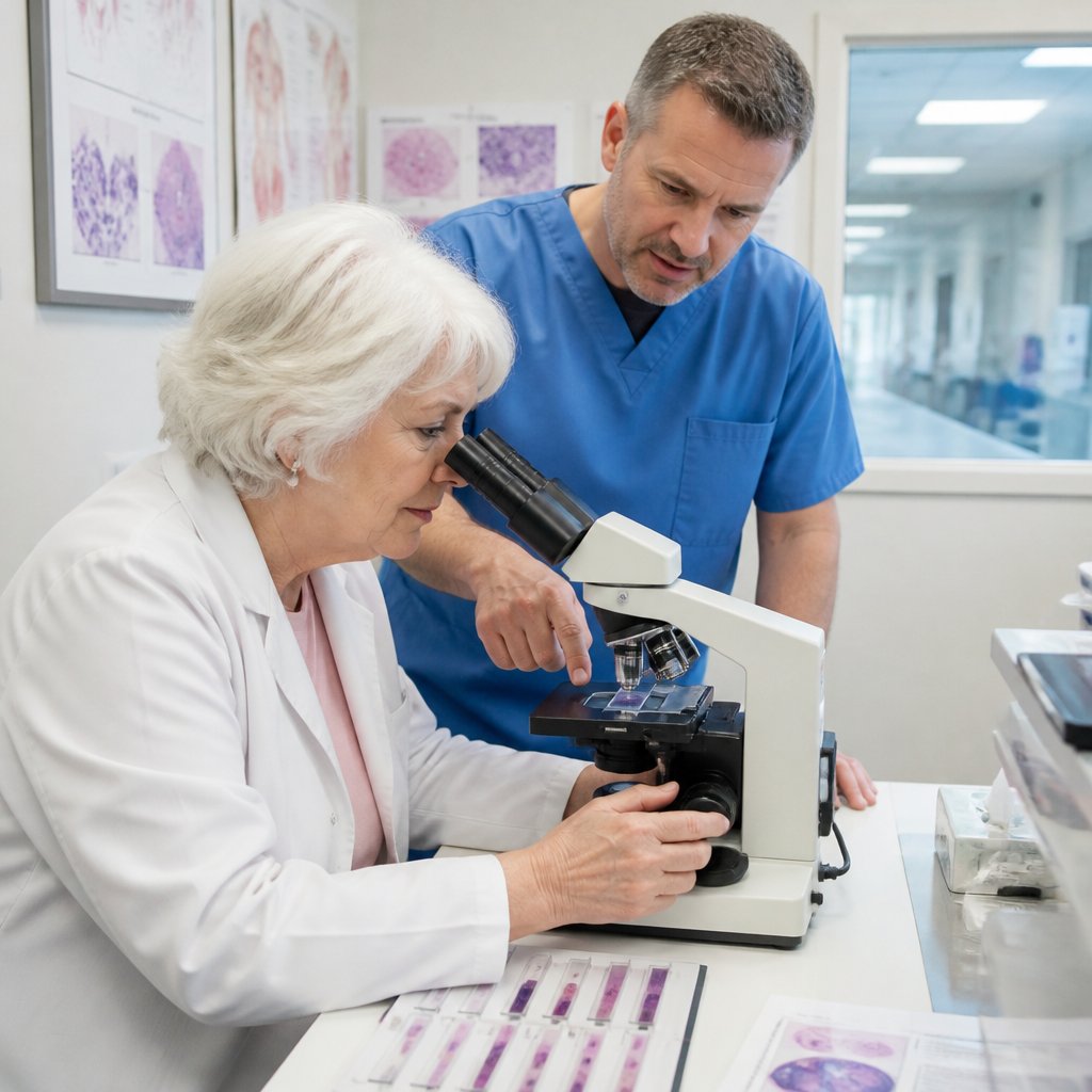 Older white woman and urologist reviewing biopsy slide together in pathology office