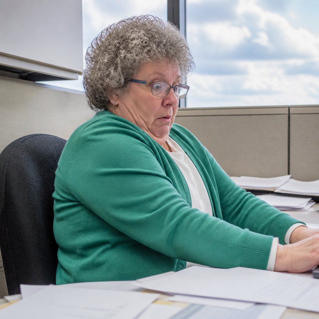 Woman experiencing sudden forced upright posture from chair while working at her desk.