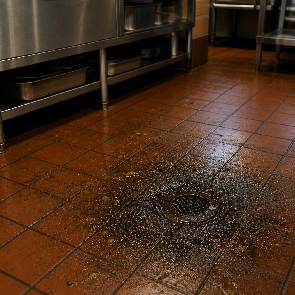 Restaurant kitchen floor showing dangerous grease buildup near a floor drain