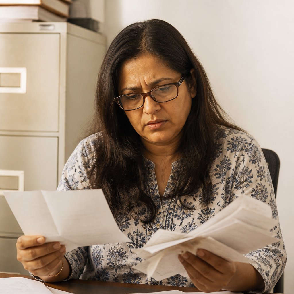 Woman comparing paycheck stub and checkout slips in back office, visibly frustrated.