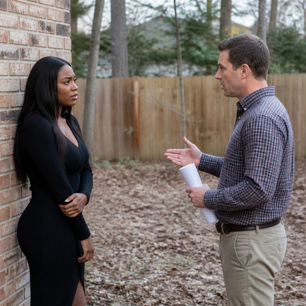 Neighbor calmly showing a survey paper to a concerned woman in backyard.
