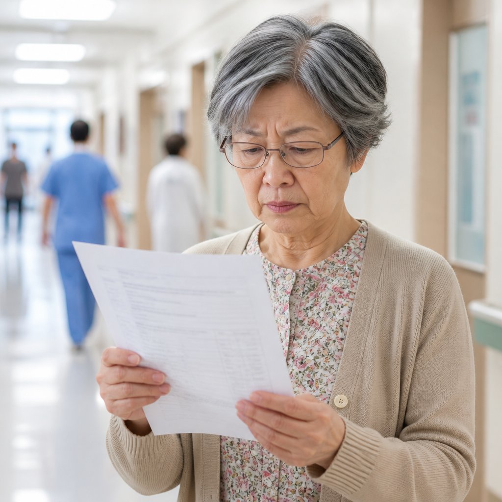 Concerned woman reviewing lab report in hospital hallway