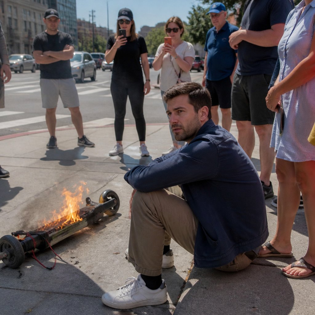 Man sits on curb next to flaming scooter while bystanders record the scene.