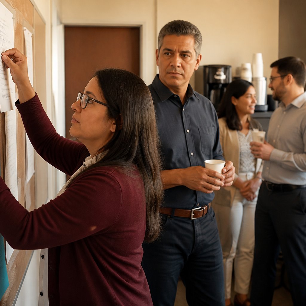 A woman pinning a document on an office bulletin board next to a coffee machine, with coworkers talking nearby.