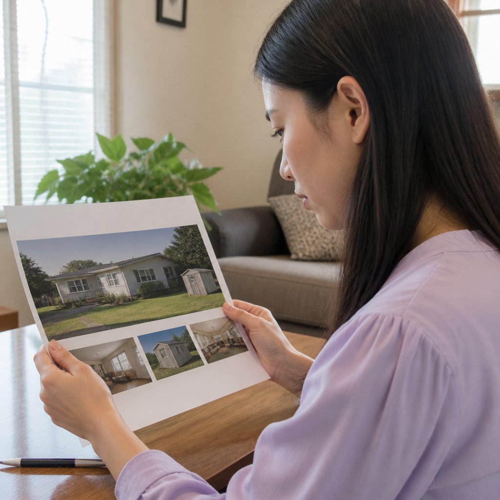 Woman reviewing appraisal report showing house and shed photos.