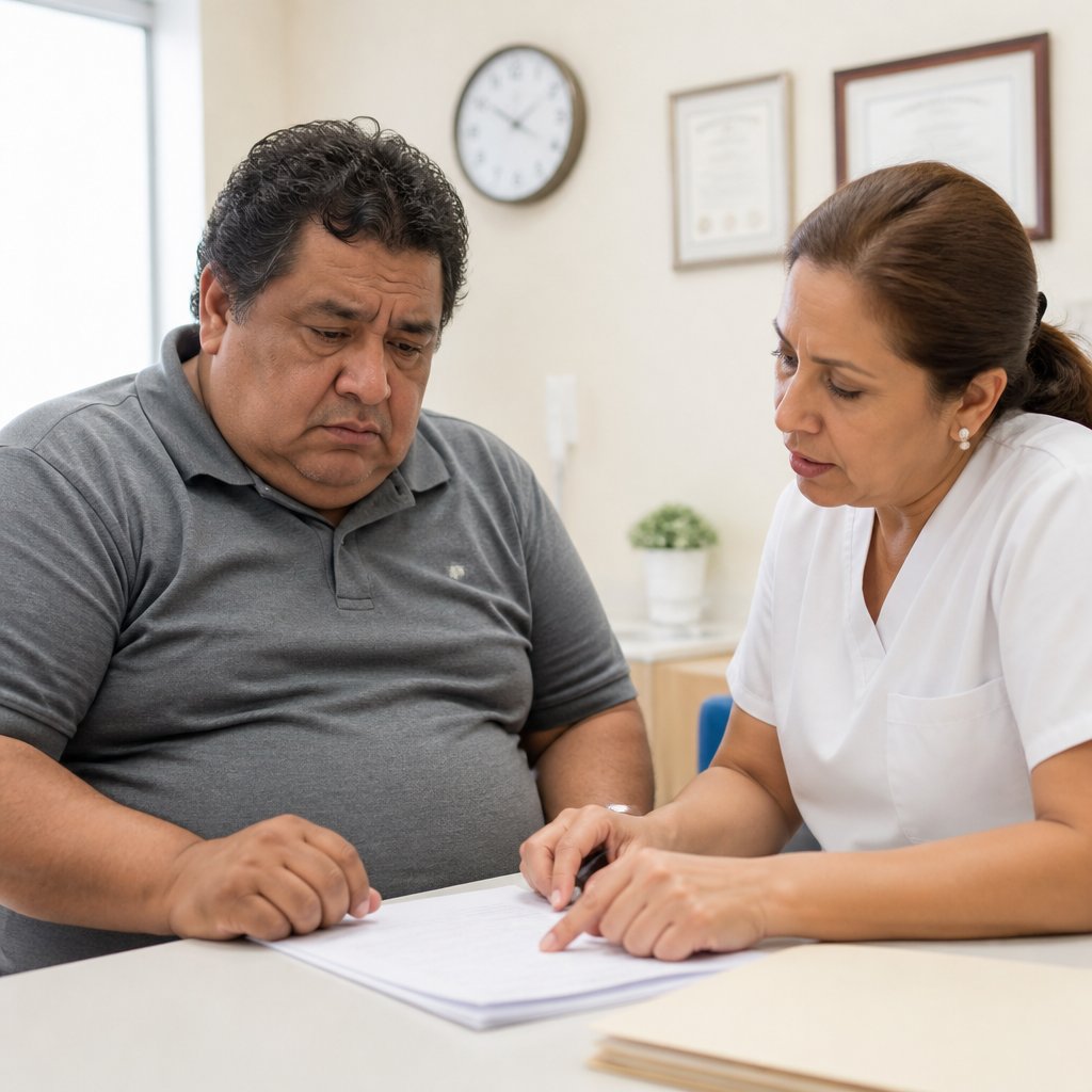 A man and nurse discuss updated consent forms in a clinic consultation room.