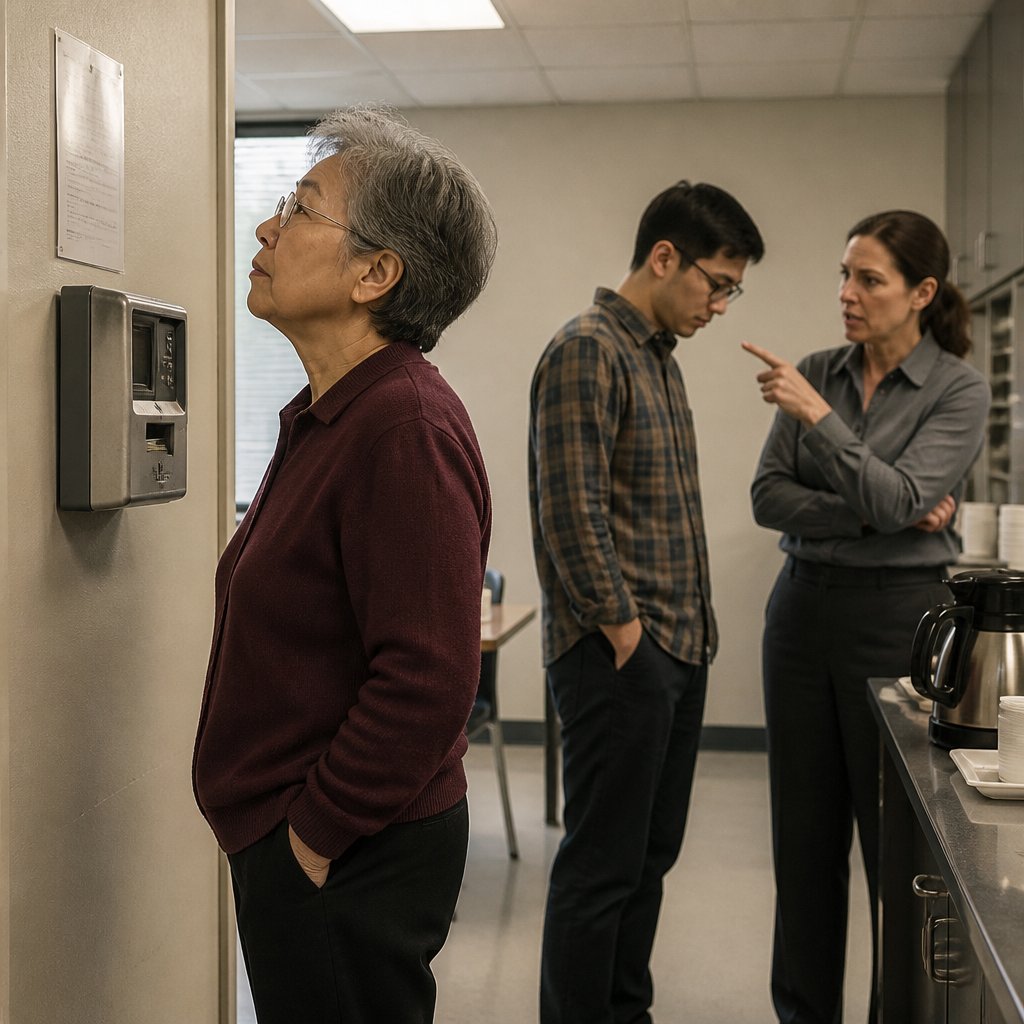 Older East Asian woman reading clock-in instructions in a break room while a younger man is corrected by a supervisor.