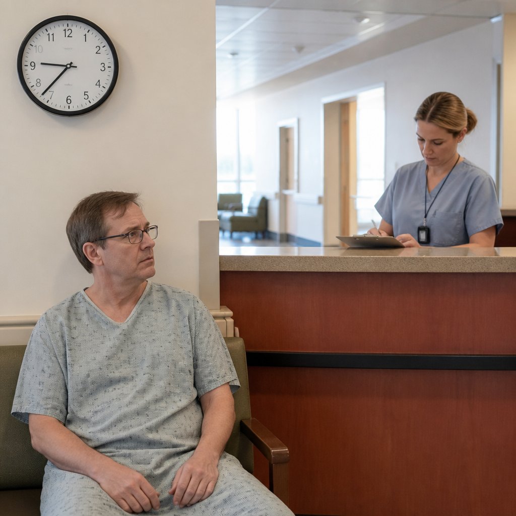 Man waiting in hospital triage area while nurse writes notes.