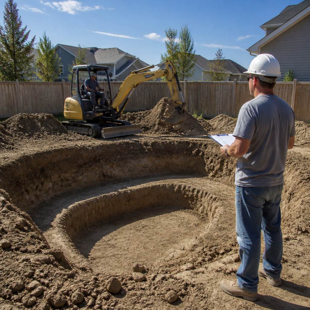 Pool-shaped hole being excavated in suburban backyard with contractor overseeing