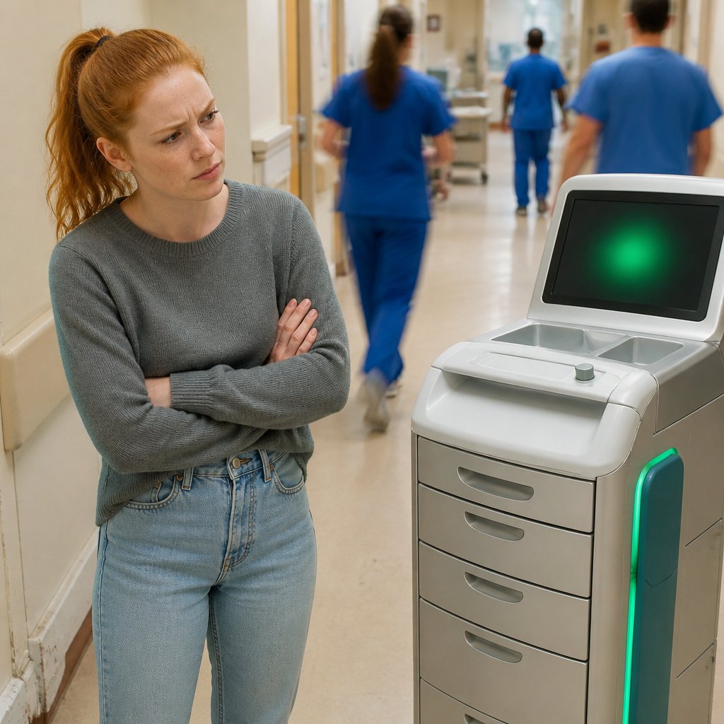 Young woman in sweater looking skeptically at a medical cart screen flashing ‘All Clear’.