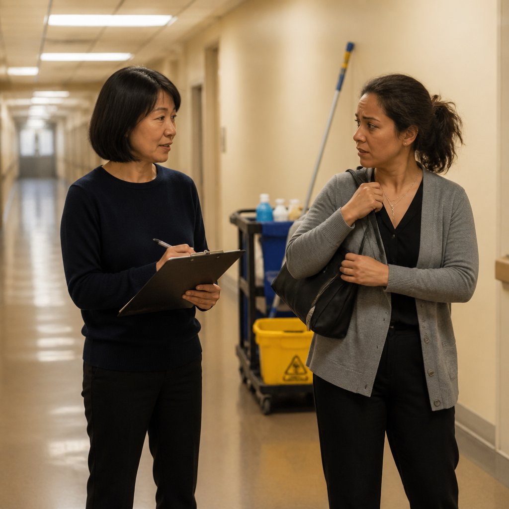 Danielle dismissing Maya’s concerns about schedule changes in a hallway with janitorial equipment.