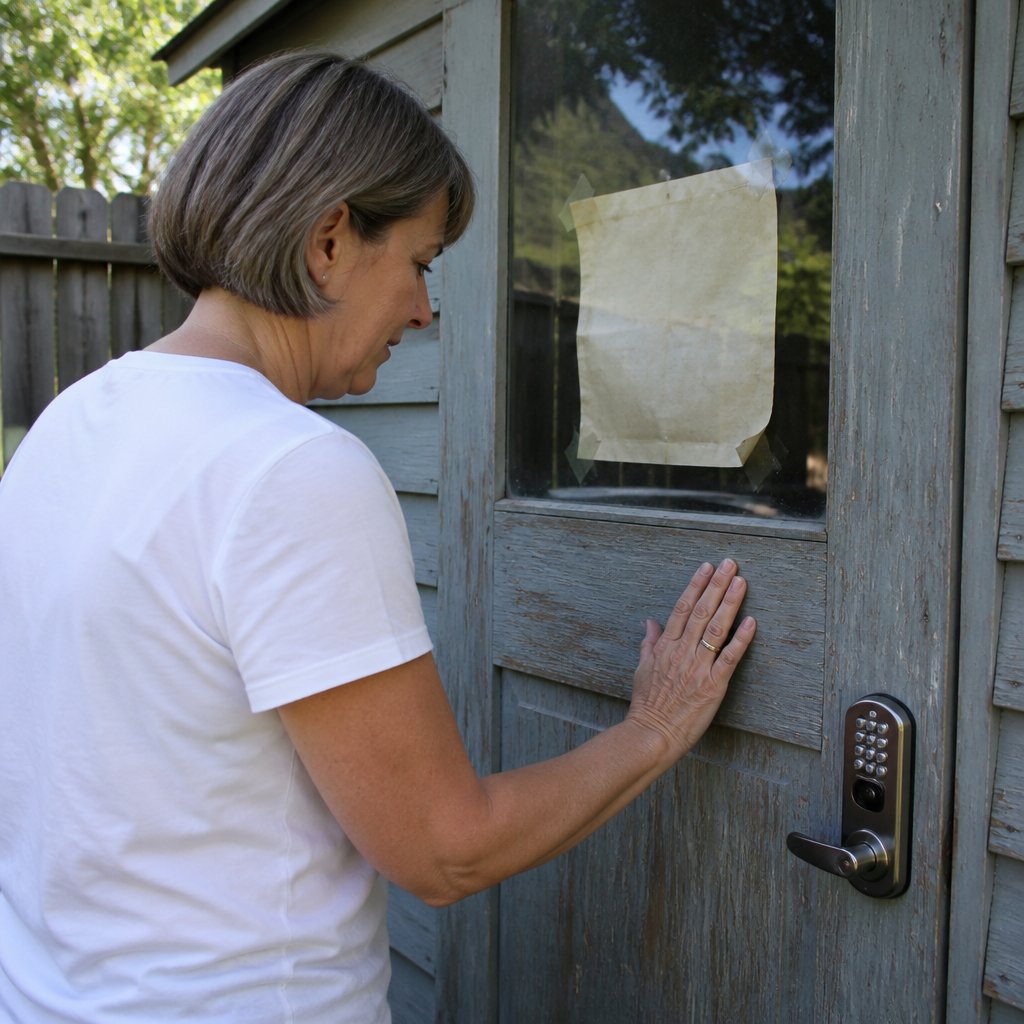 Woman’s hand on locked pump house door with digital padlock and posted rules.