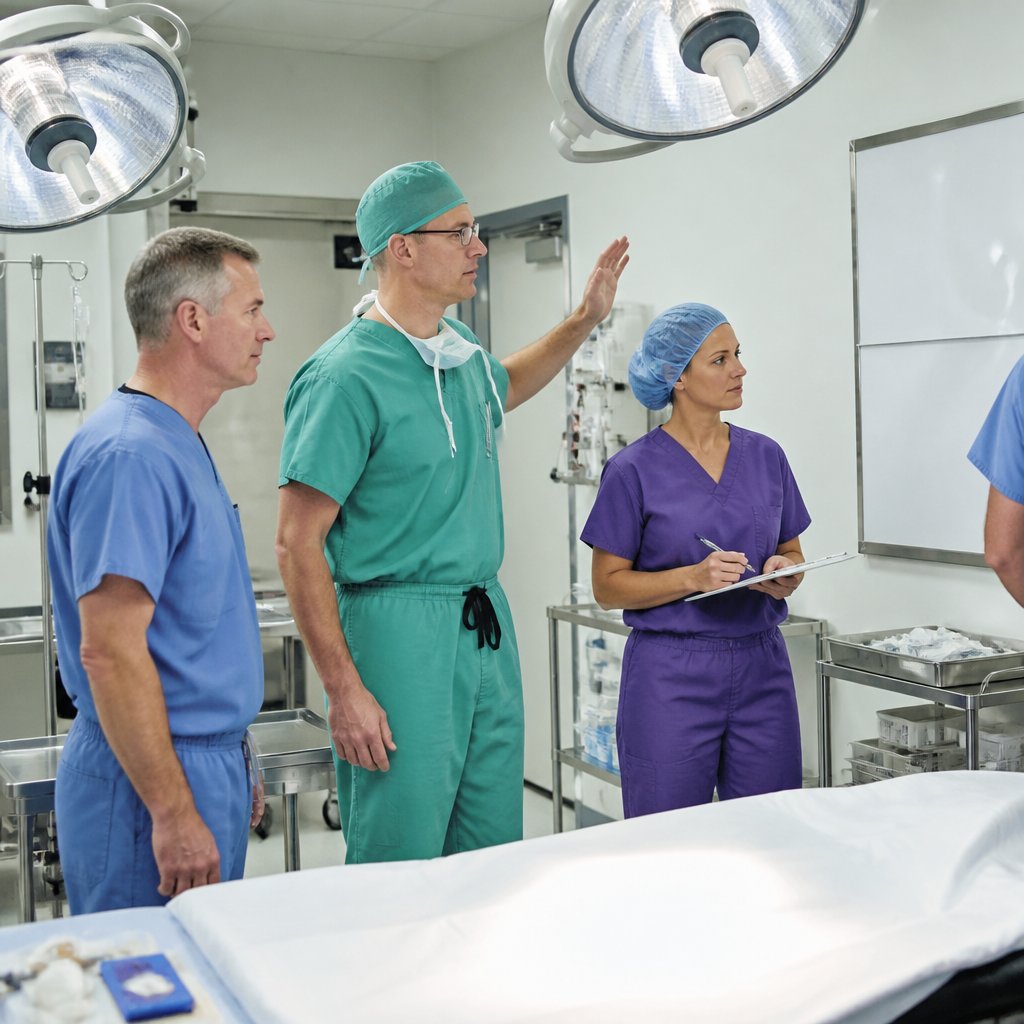 Surgical timeout with nurse and surgeon confirming site near the OR whiteboard.