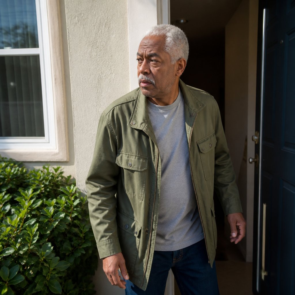 Man standing by front door holding phone after nurse call, looking worried.
