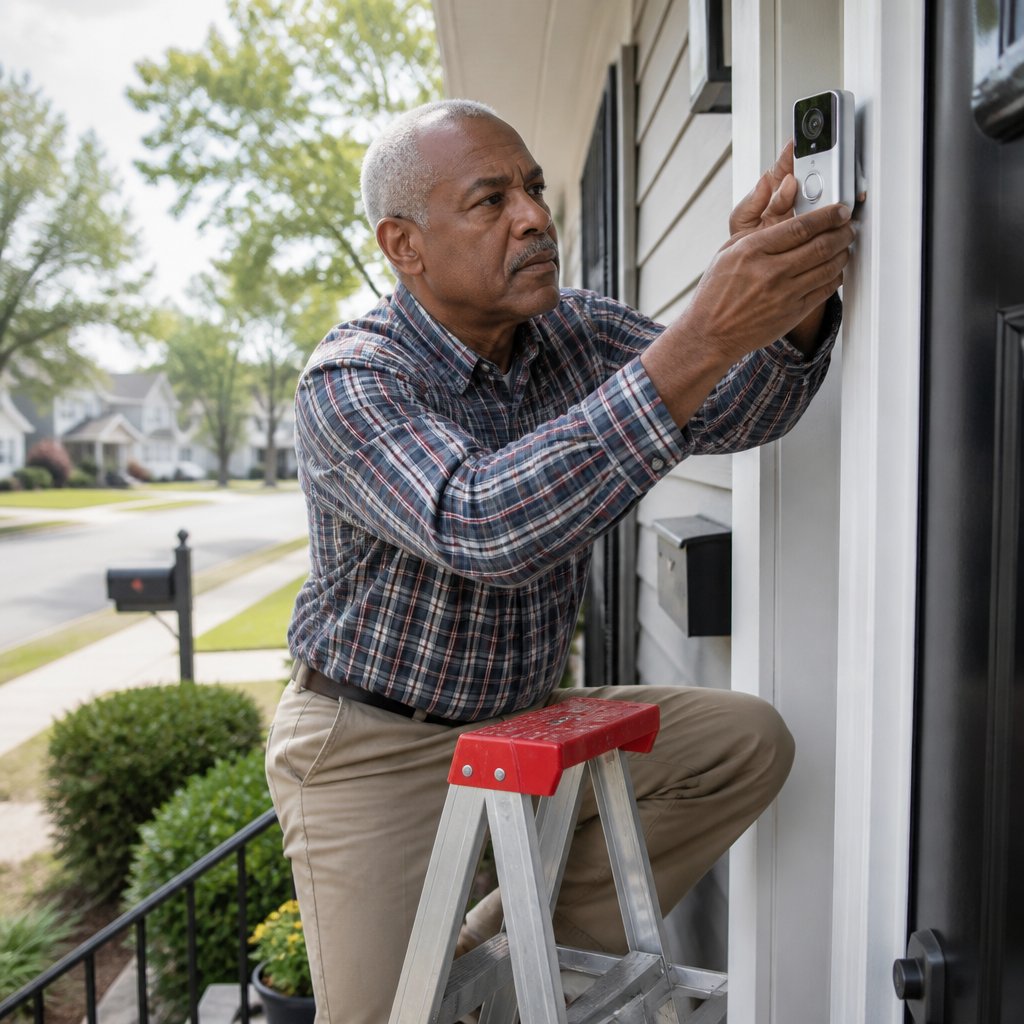 Man crouched installing doorbell camera, focused expression
