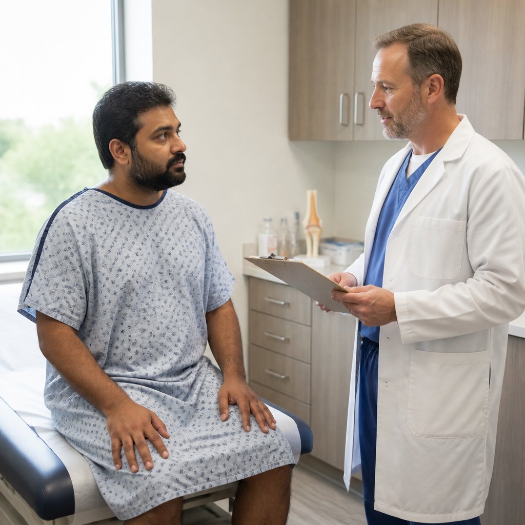 Patient expressing concerns to surgeon in orthopedic exam room.