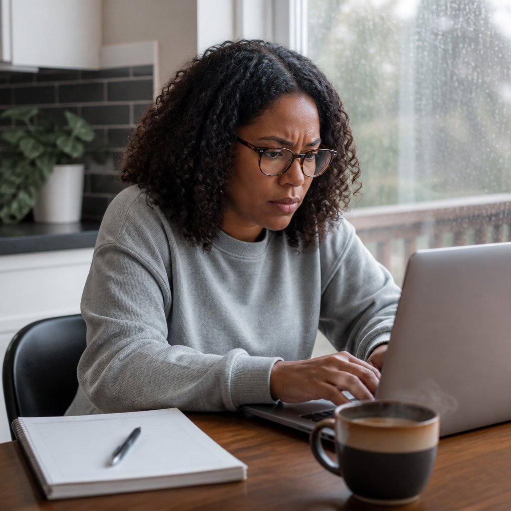Woman typing at kitchen table, looking frustrated during support chat on laptop.