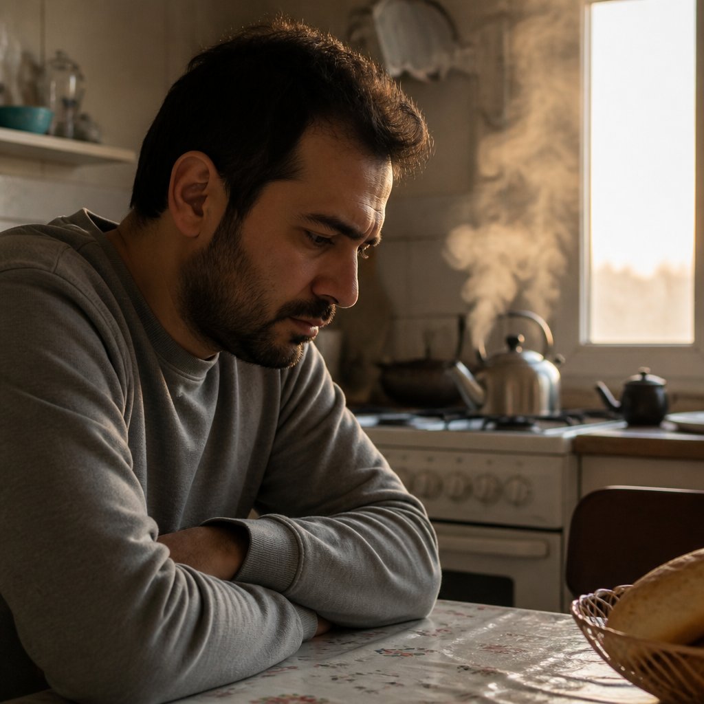 Man sitting at kitchen table looking stressed, with kettle steaming behind him.