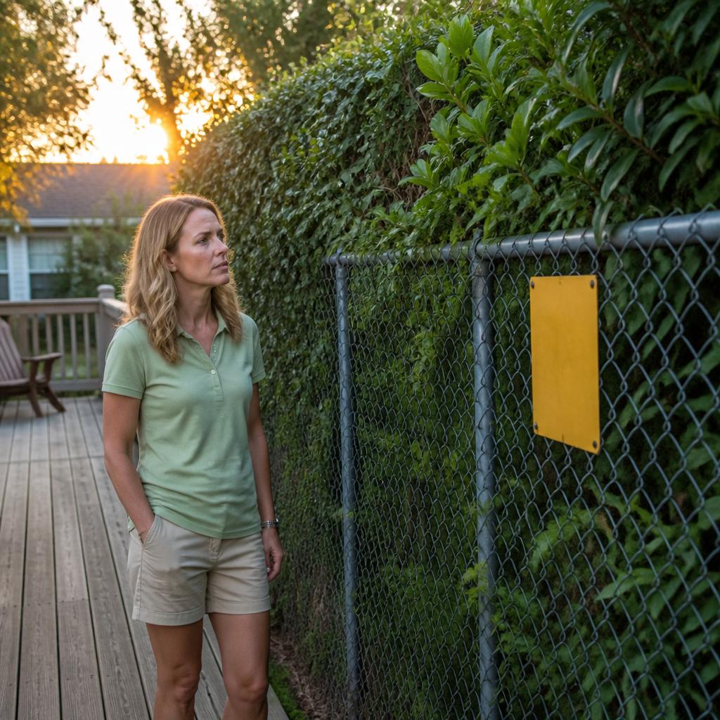 Woman on suburban backyard patio looking at a tall hedge with a No Trespassing sign on the fence.