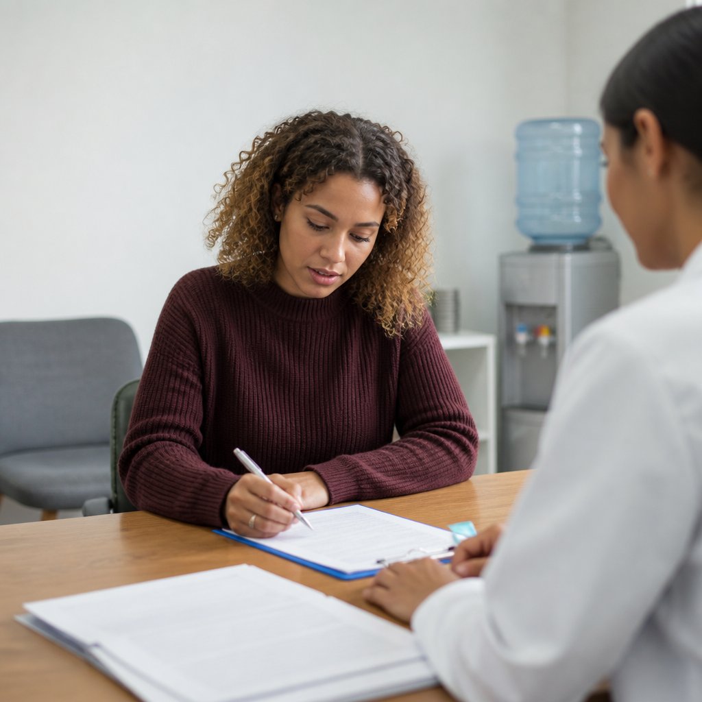 Young woman signing medical consent forms in a consultation room.