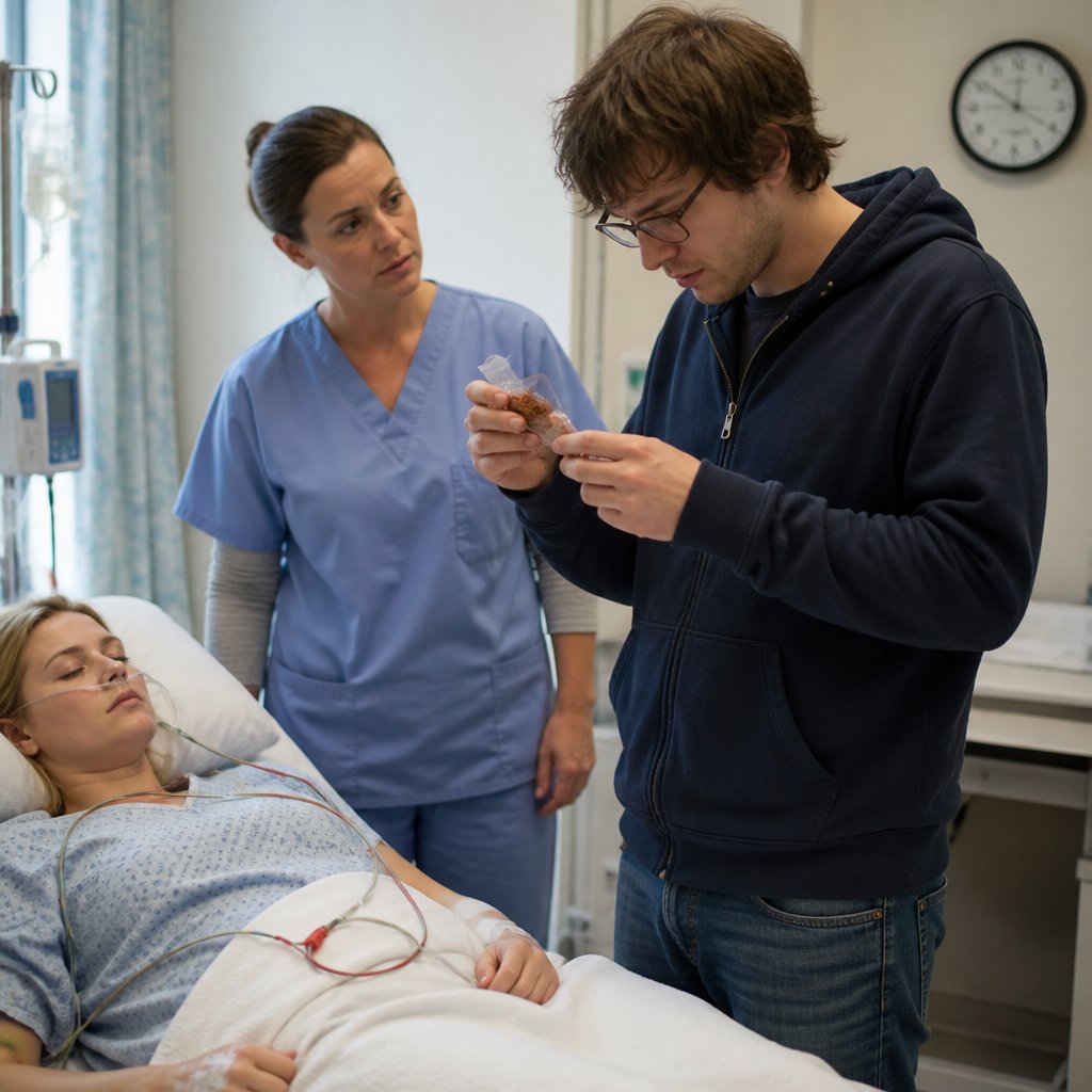 Man examining spice packet with nurse beside hospital bed