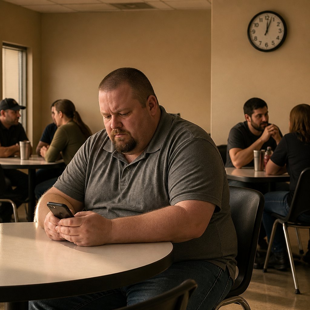 Man looking at phone with concern in office break room, wall clock visible.