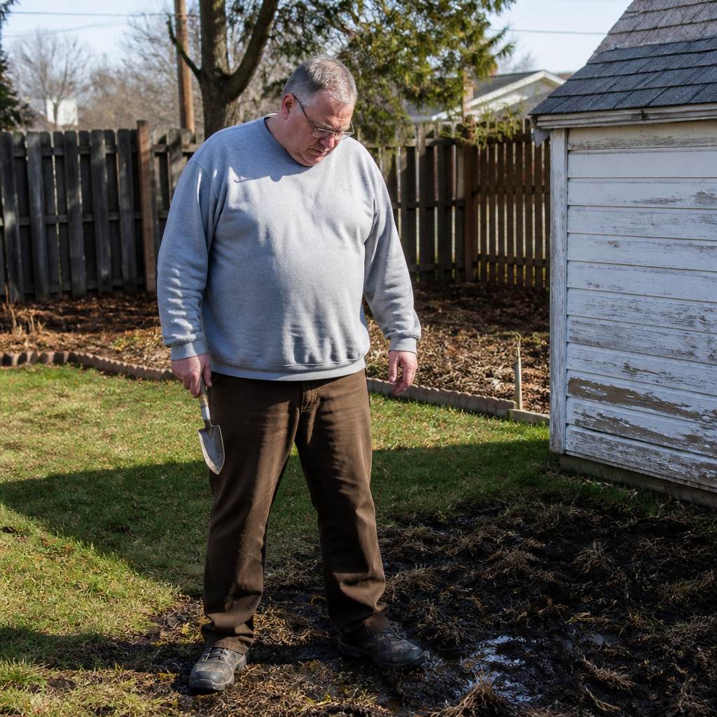 Man standing by dead grass and wet soil near garden shed, concerned.