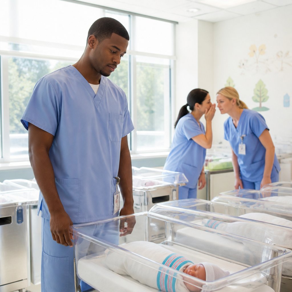 Two nurses whispering beside newborn bassinets in a hospital nursery.