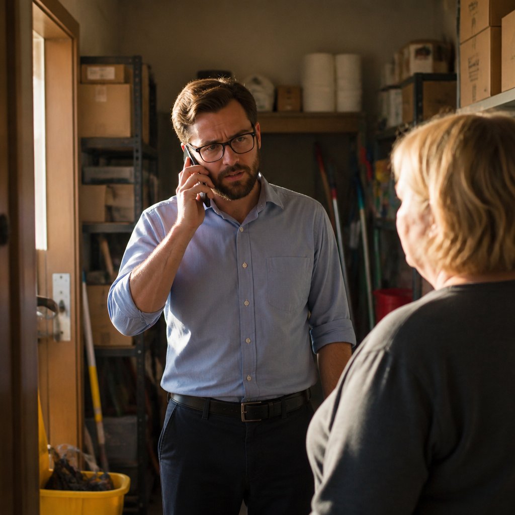 Man in facilities storage room making a phone call, looking frustrated.