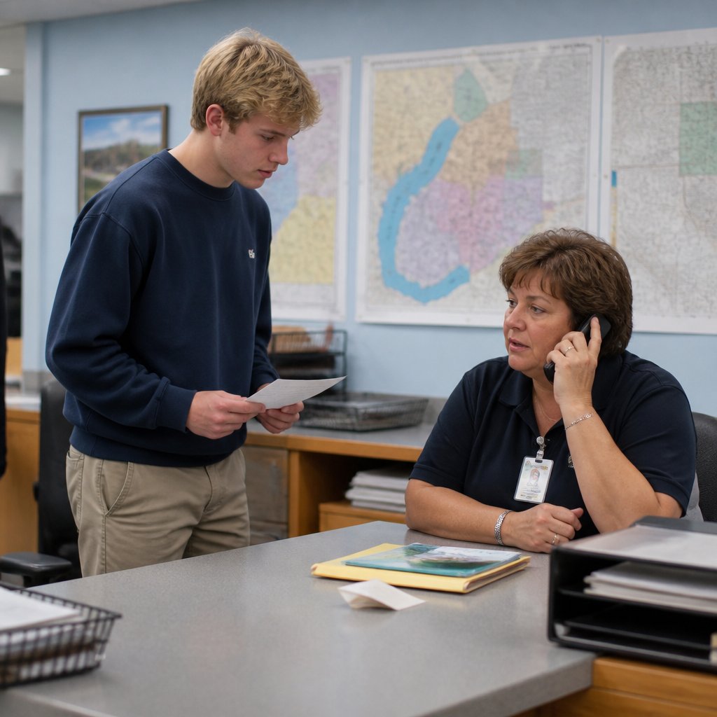 Young man talking with city official in public works office, maps on walls.
