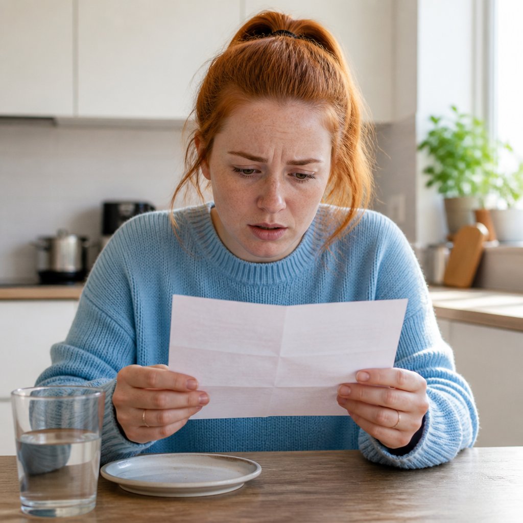 Woman reading a printed clinic note with concern at her kitchen table.