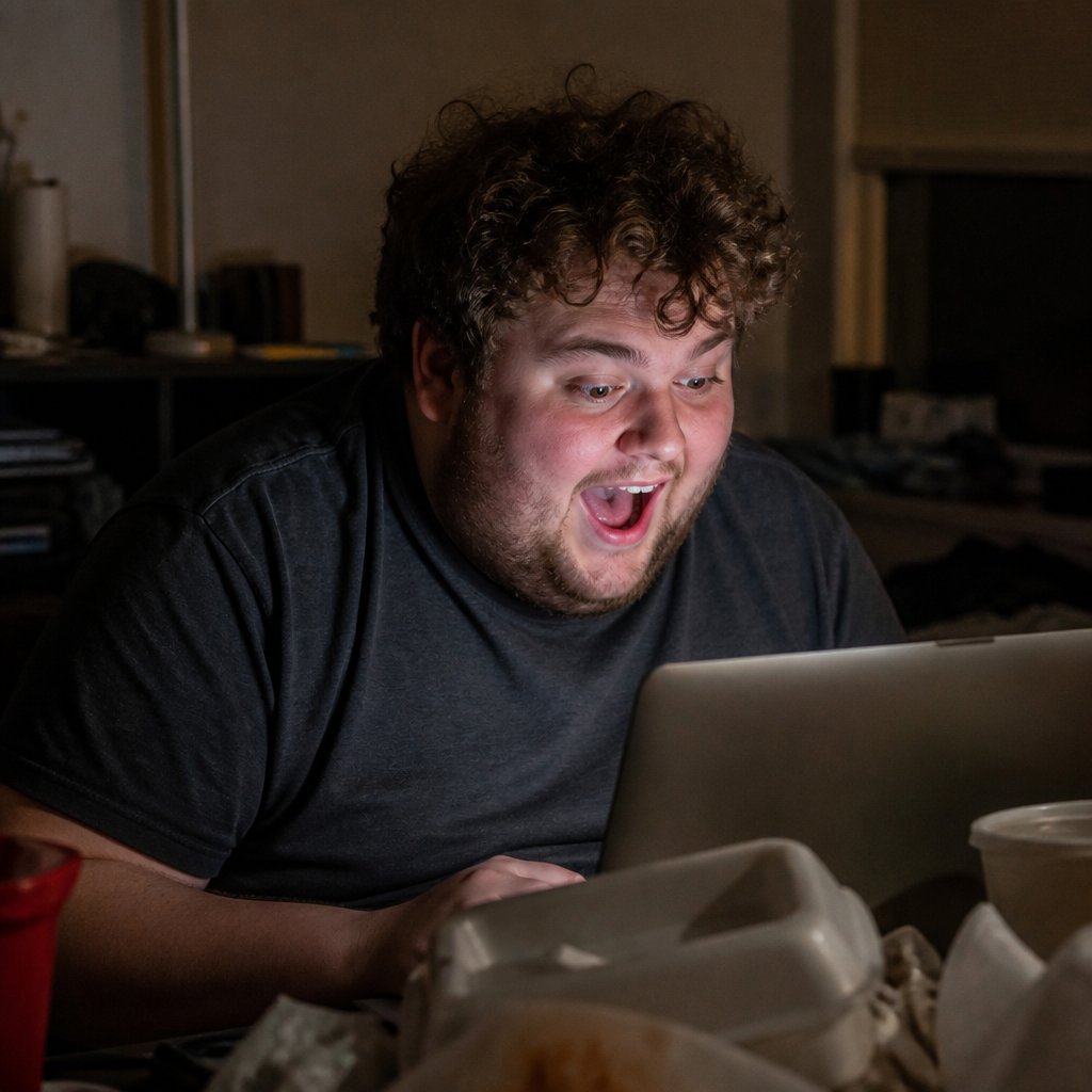 Man at his computer looking excited as his post goes viral