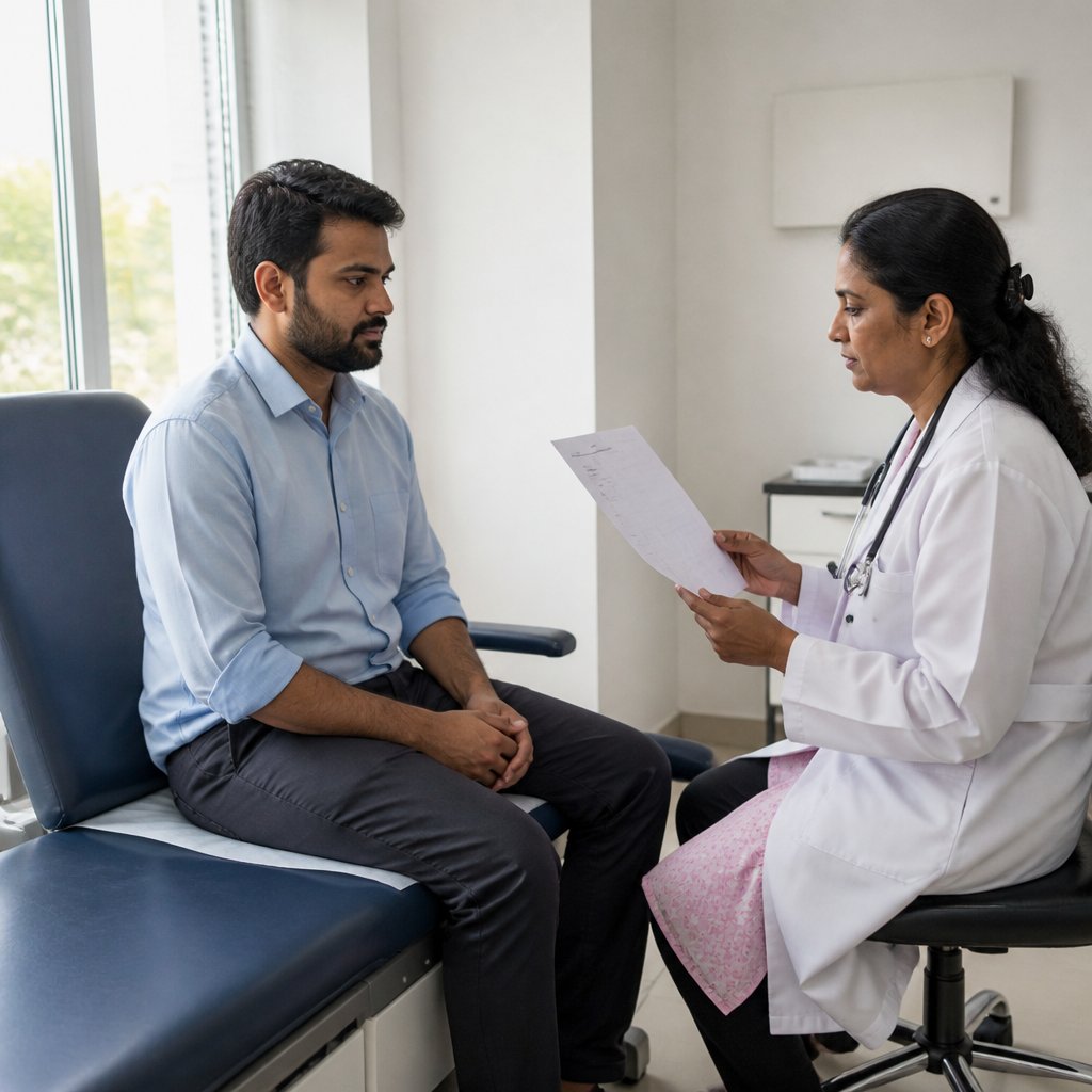 Man sitting tensely in a doctor's office as a doctor holds a printed report.