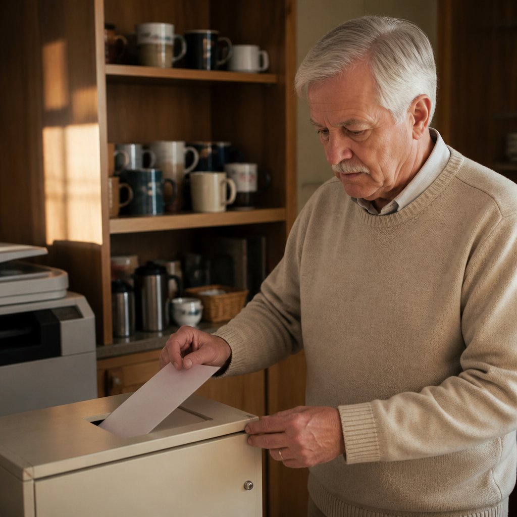 Man submitting a printed exemption form in the office break room.