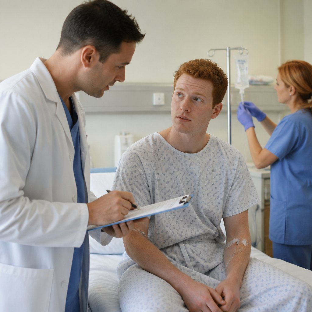 Young red-haired white man in ER bed listening to doctor while nurse adjusts IV line.