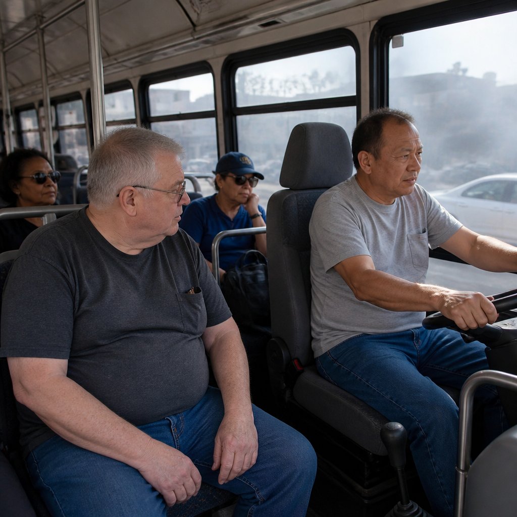 Passengers on a bus watching driver pump brake pedal repeatedly; smoky streets outside blur the view.