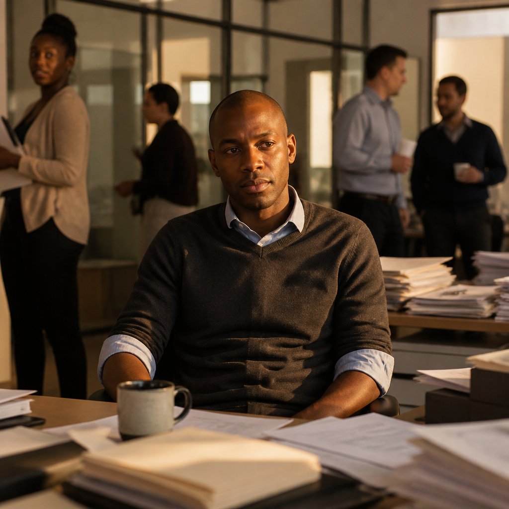 Man sitting at desk looking tense, surrounded by office activity.