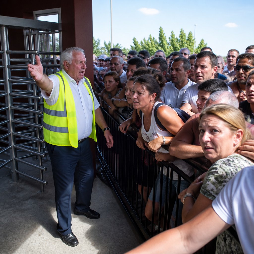 Security guard shouting at crowd pressed against railings near turnstiles.
