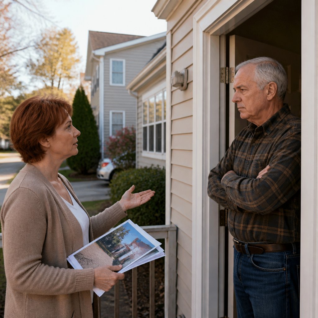Woman showing photos of driveway damage to her neighbor who stands unmoved in doorway
