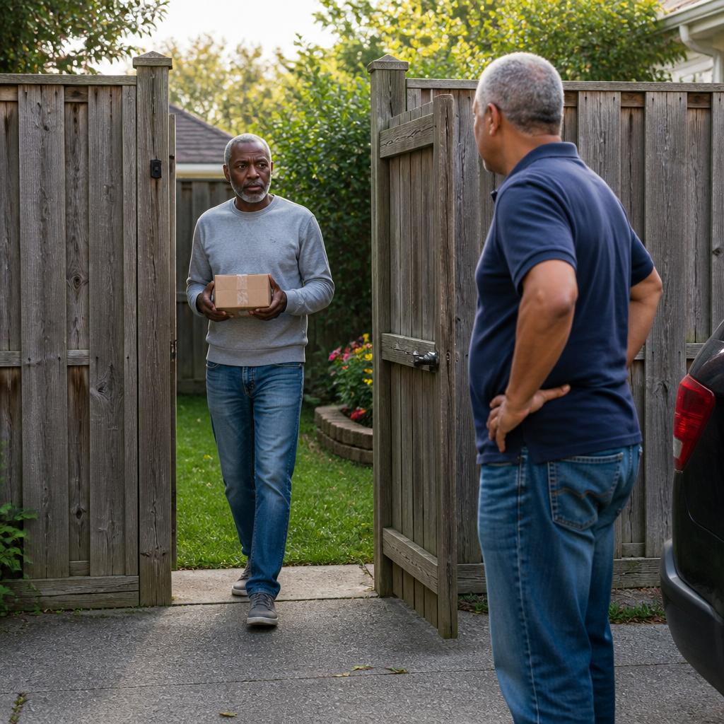Man in gray sweatshirt carrying a package through side gate while neighbor watches from driveway.