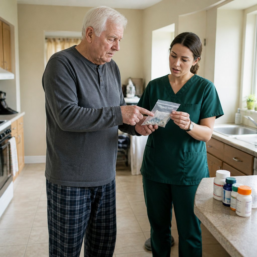 An elderly man and a nurse looking at a medication bag with a subtly different label in a kitchen.