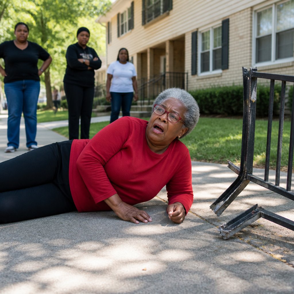 Woman lying on the ground after falling through broken balcony railing.
