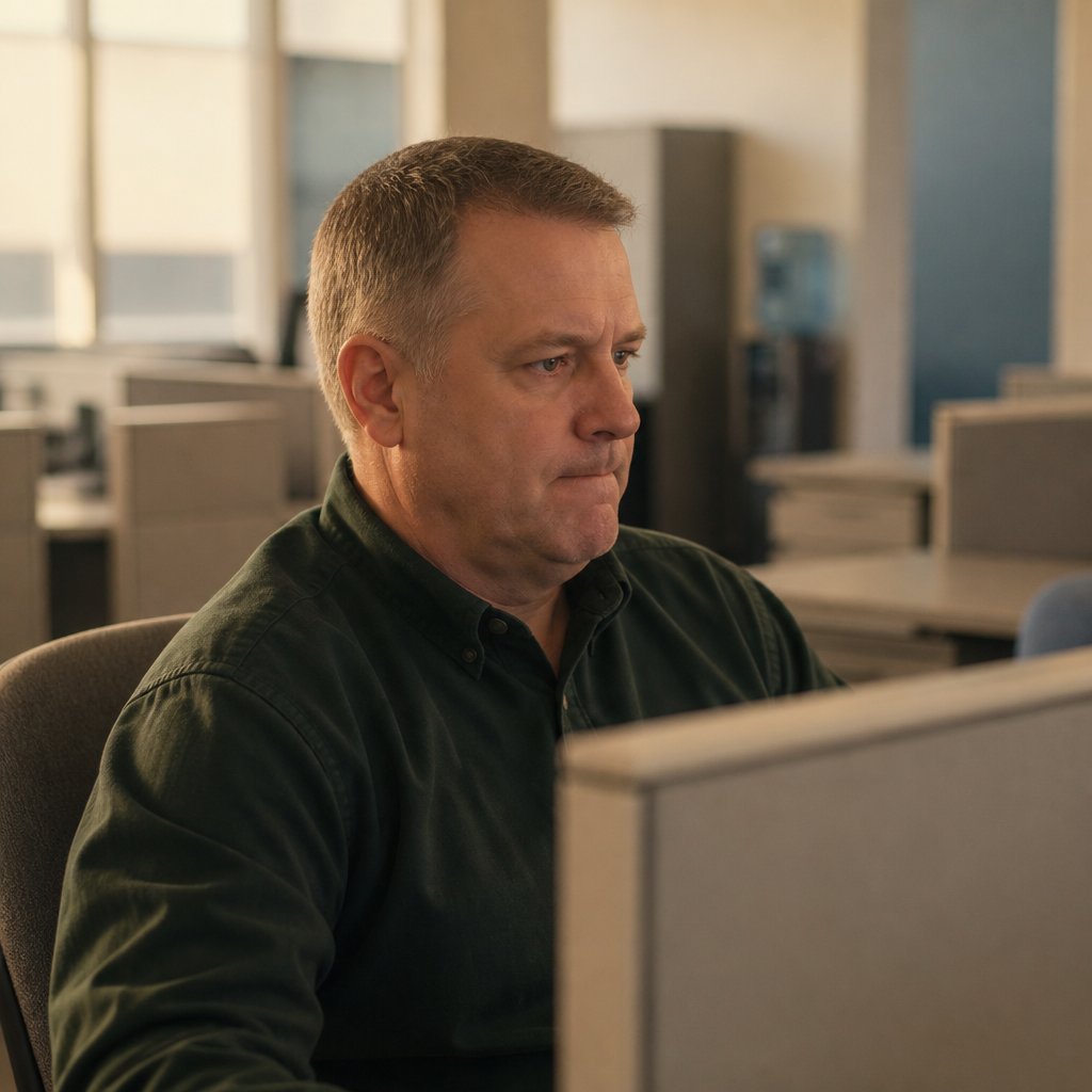 Man watching a chat on his computer with a focused, concerned expression.