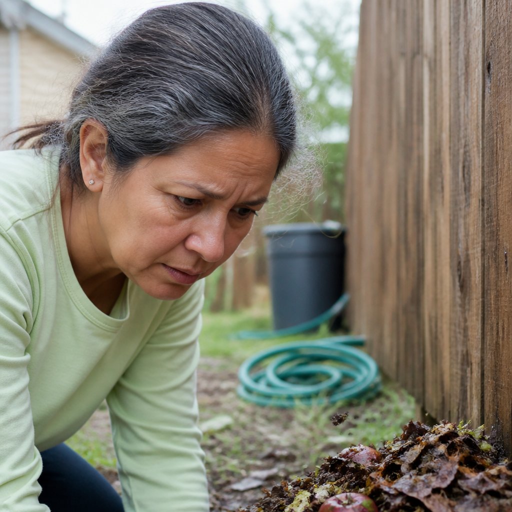 Woman inspecting a compost pile near the backyard fence, noticing flies and smell.