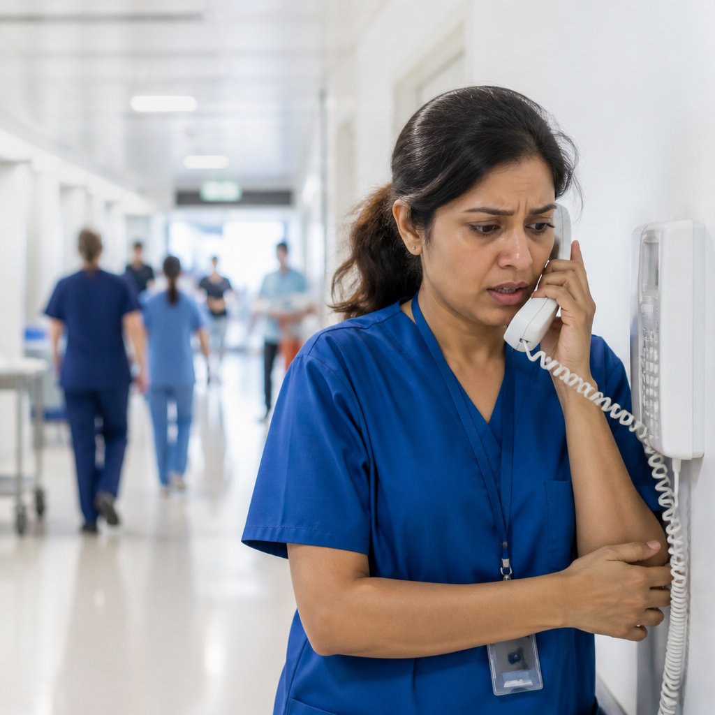 Nurse in scrubs holding hospital phone handset, looking frustrated as she tries to reach an interpreter.