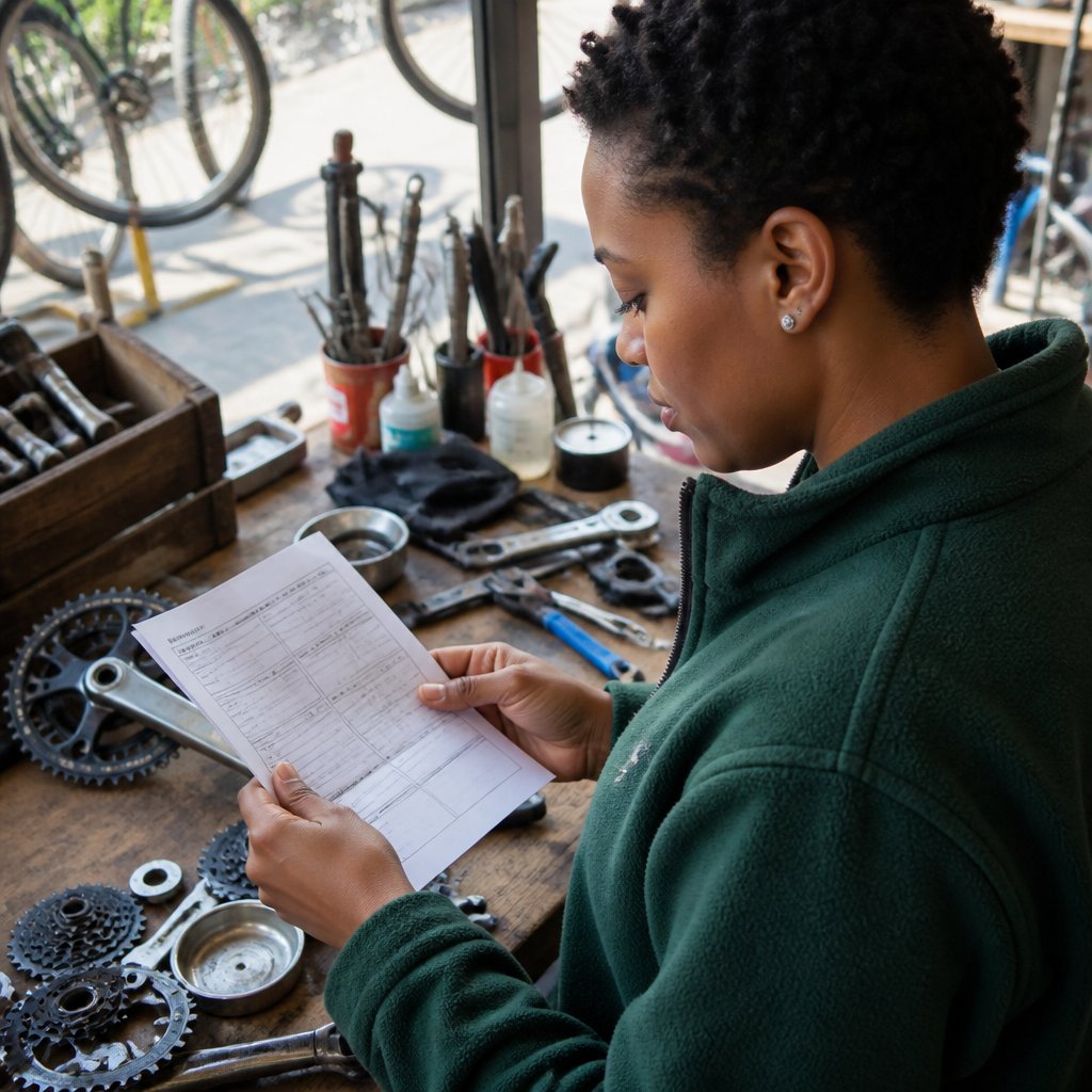 Hands holding a bike shop work order with tiny fine print.