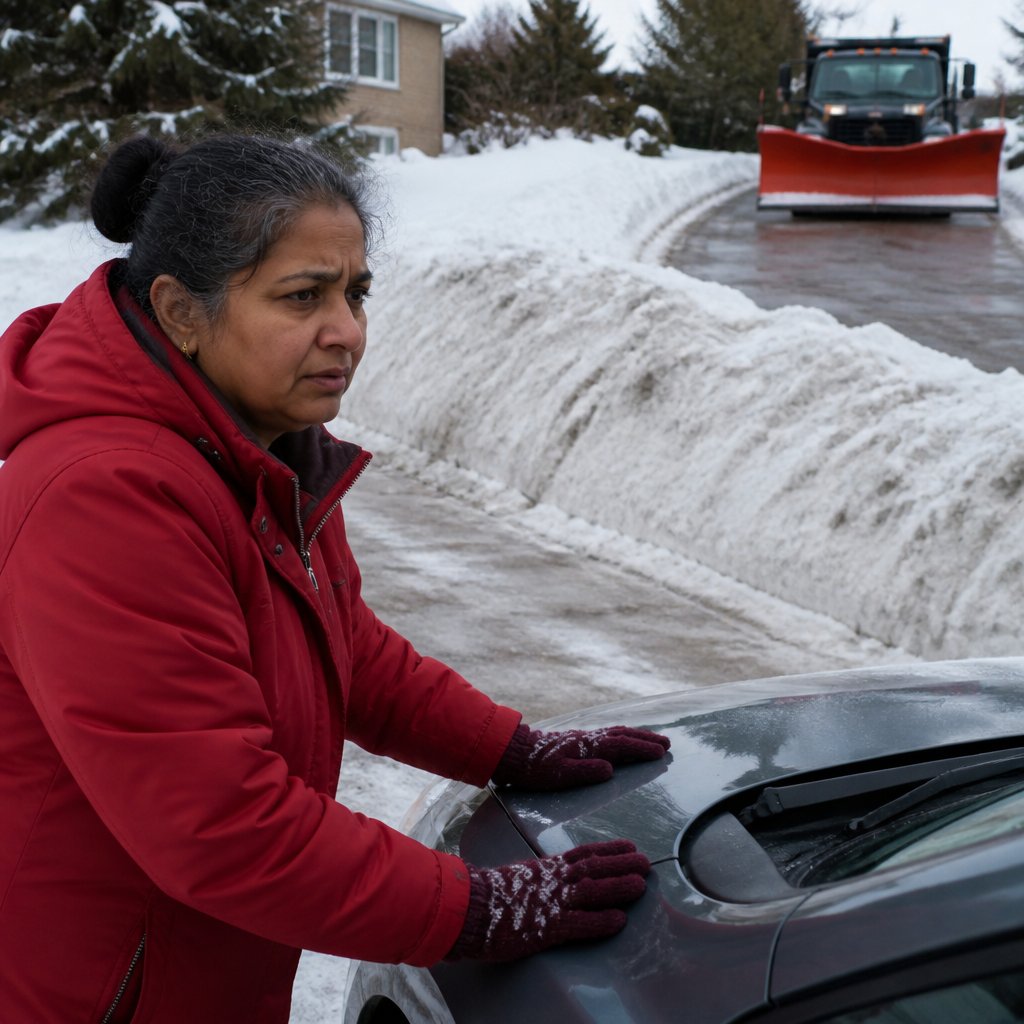 Woman in red jacket surveys a tall ridge of snow blocking her car in a suburban driveway