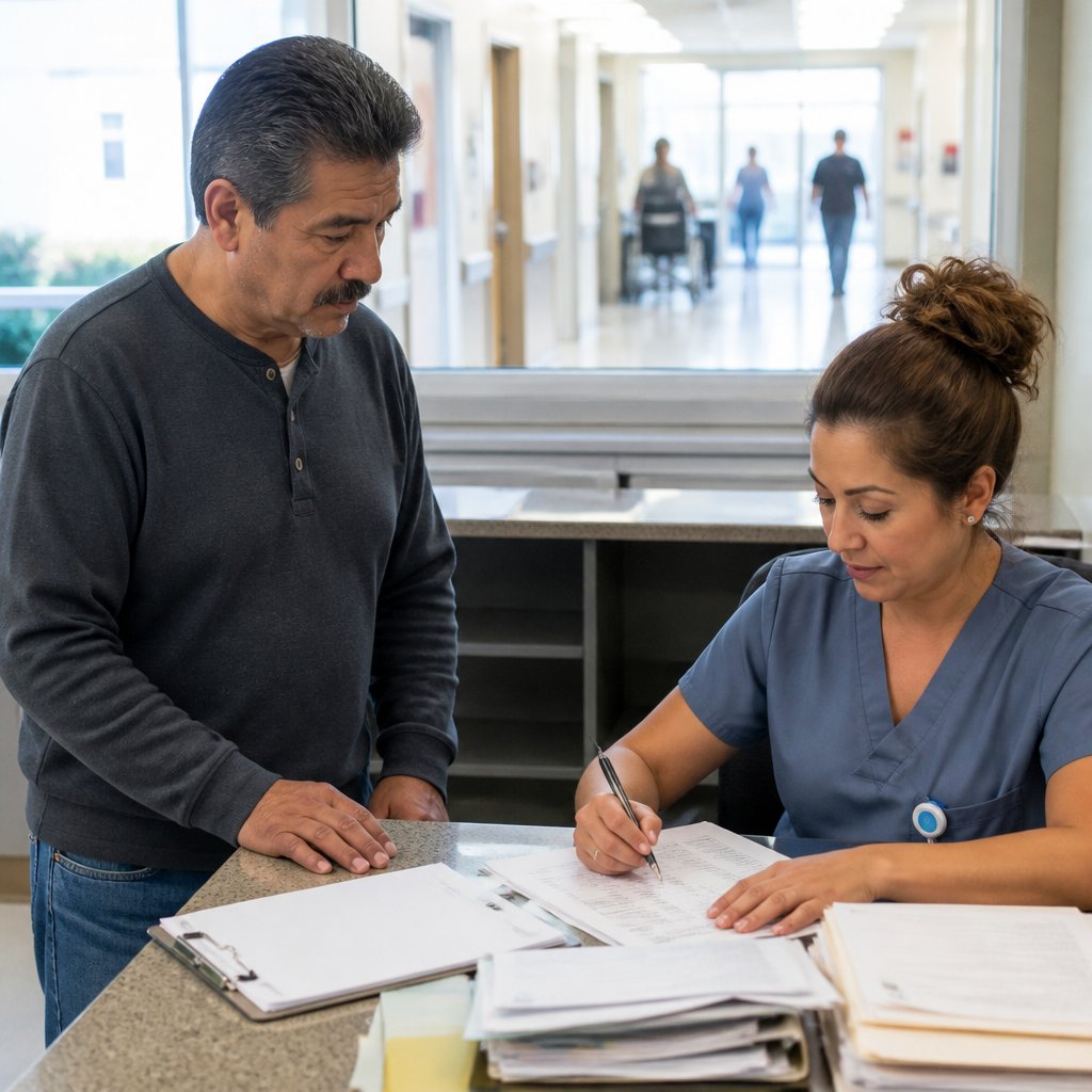Nurse marking a medication list at nurse station in hospital hallway.